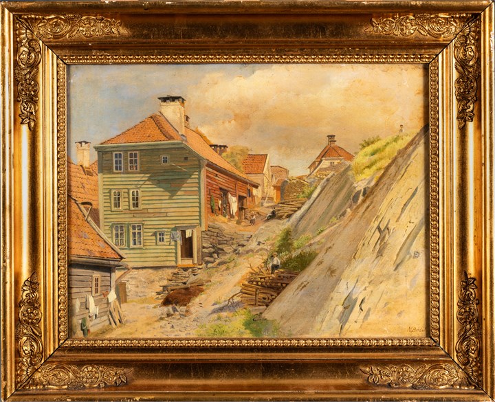 "Gadeparti i en Udkant af Bergen kaldet "Nøstet" 1868"