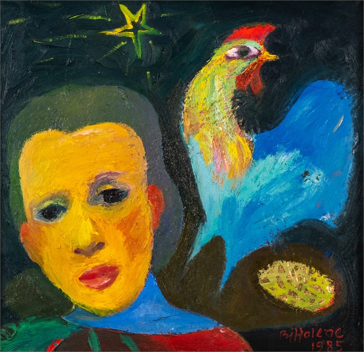 "Kvinne med hane og egg" 1985