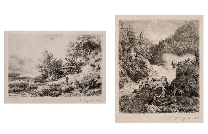 Vannfall med tømmerfløtere og brukket tre, 1858