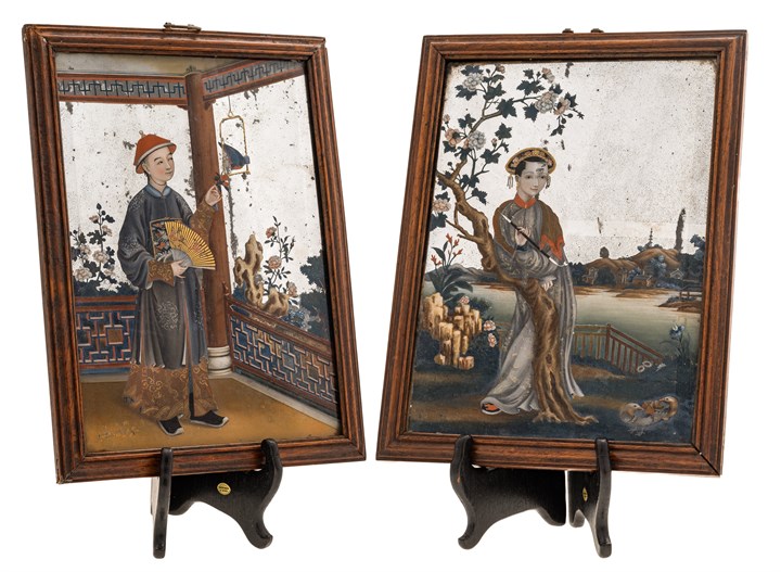 Et sett kinesiske underglassmaleri "Hagescener"