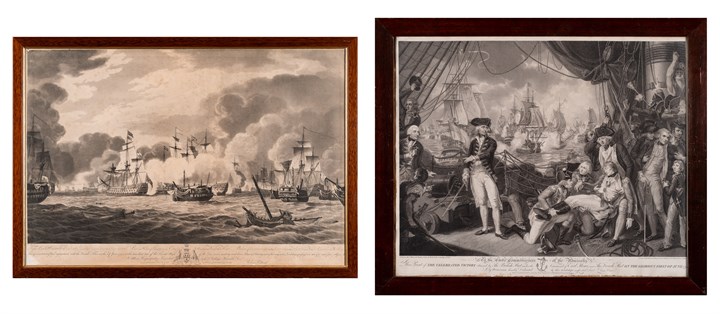 To kobberstikk som feierer den britisiske flåtes seier over den franske, 1794