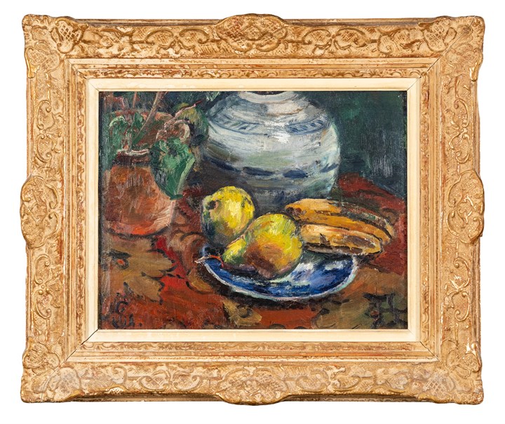 Stilleben med frukt og krukke