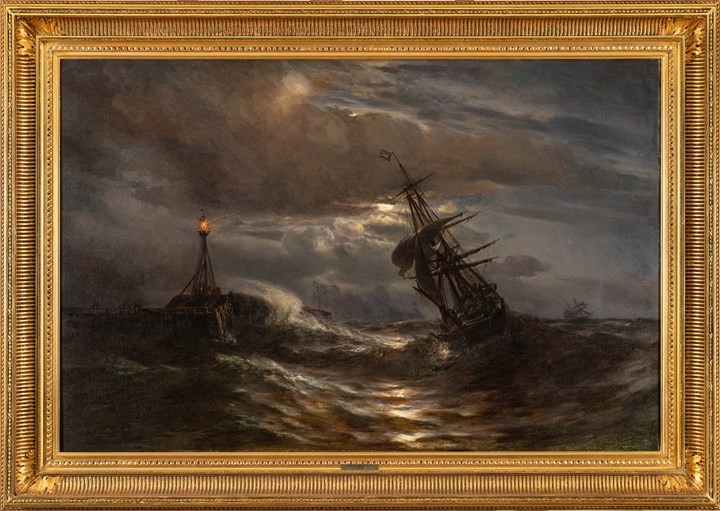 Skip i storm ved havneinnløp, 1861