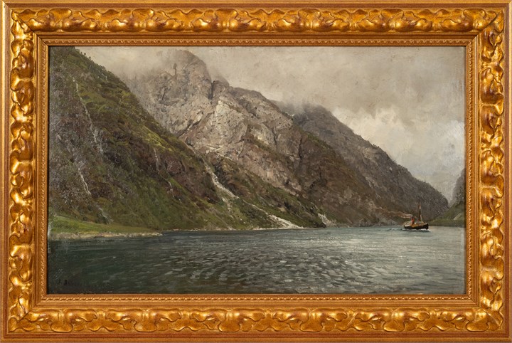 Fjordlandskap med rutebåt, 1885