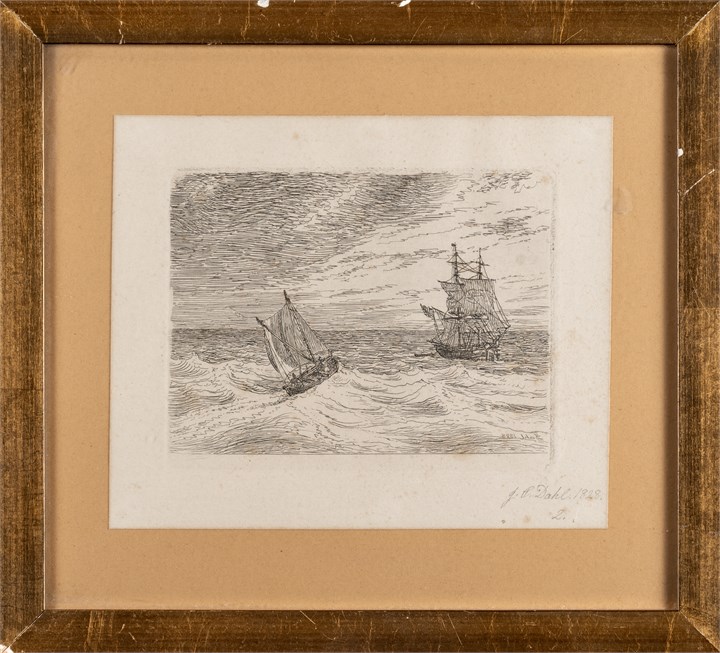 Opprørt sjø med to-master og seilbåt (1828)