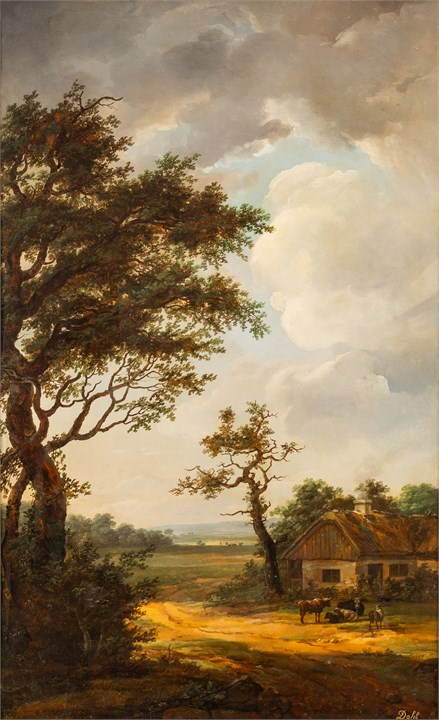 Landskap med hus og kyr