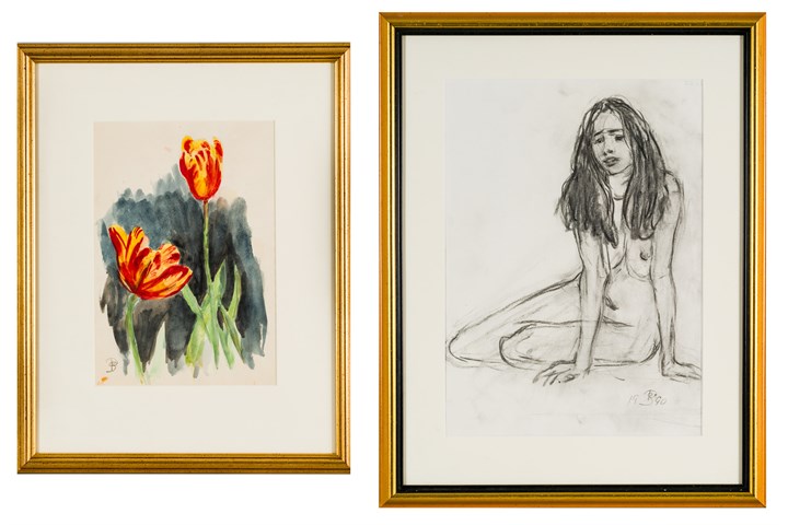 Sittende akt og Tulipaner