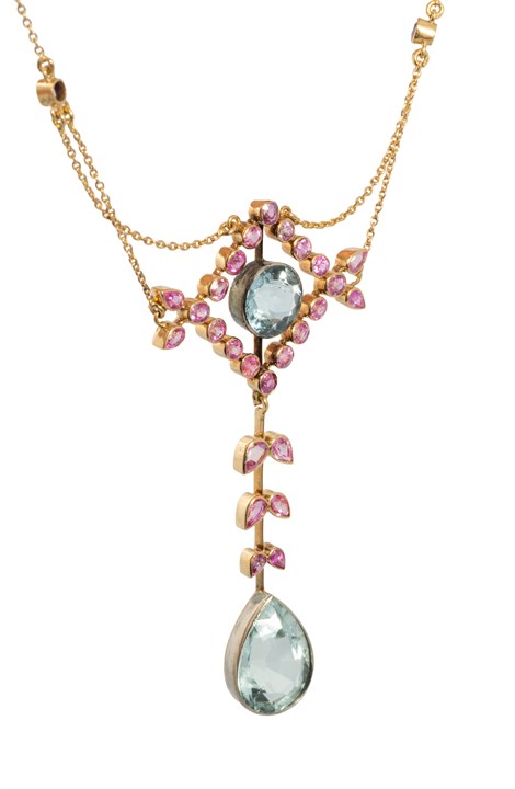 Antikk Collier med aquamarin og rosa safirer