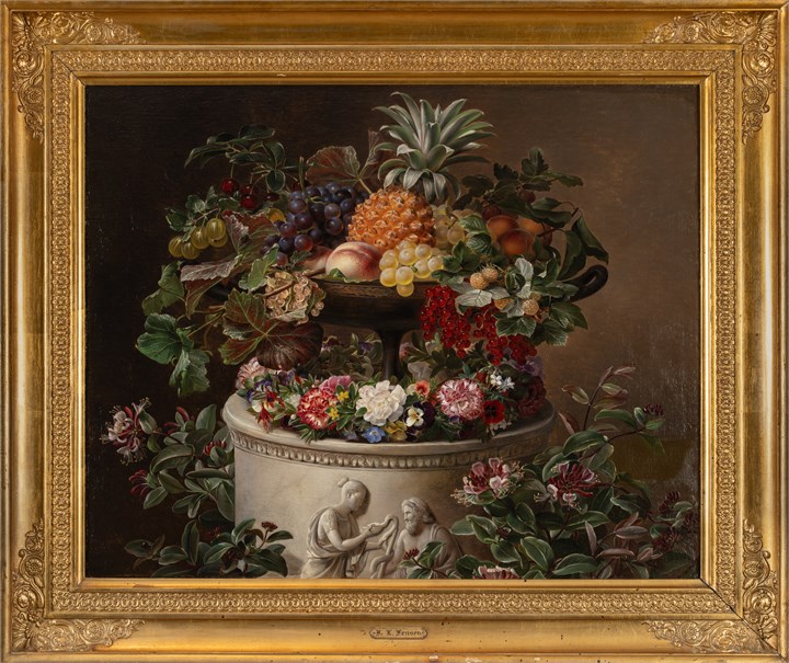 Stilleben med eksotiske frukter og blomster i en antikk urne, 1851