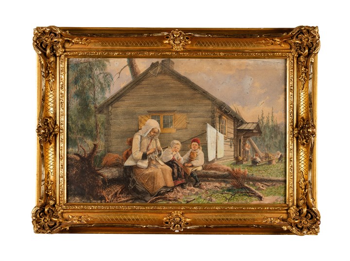 Familieidyll foran en tømmerstue, 1859