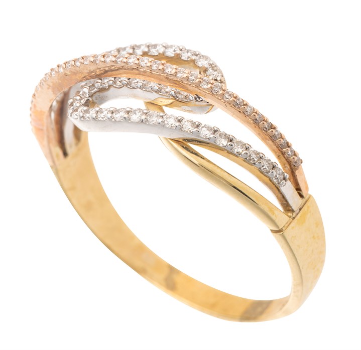 Designring i hvitt, rosa og gult gull med brillianter